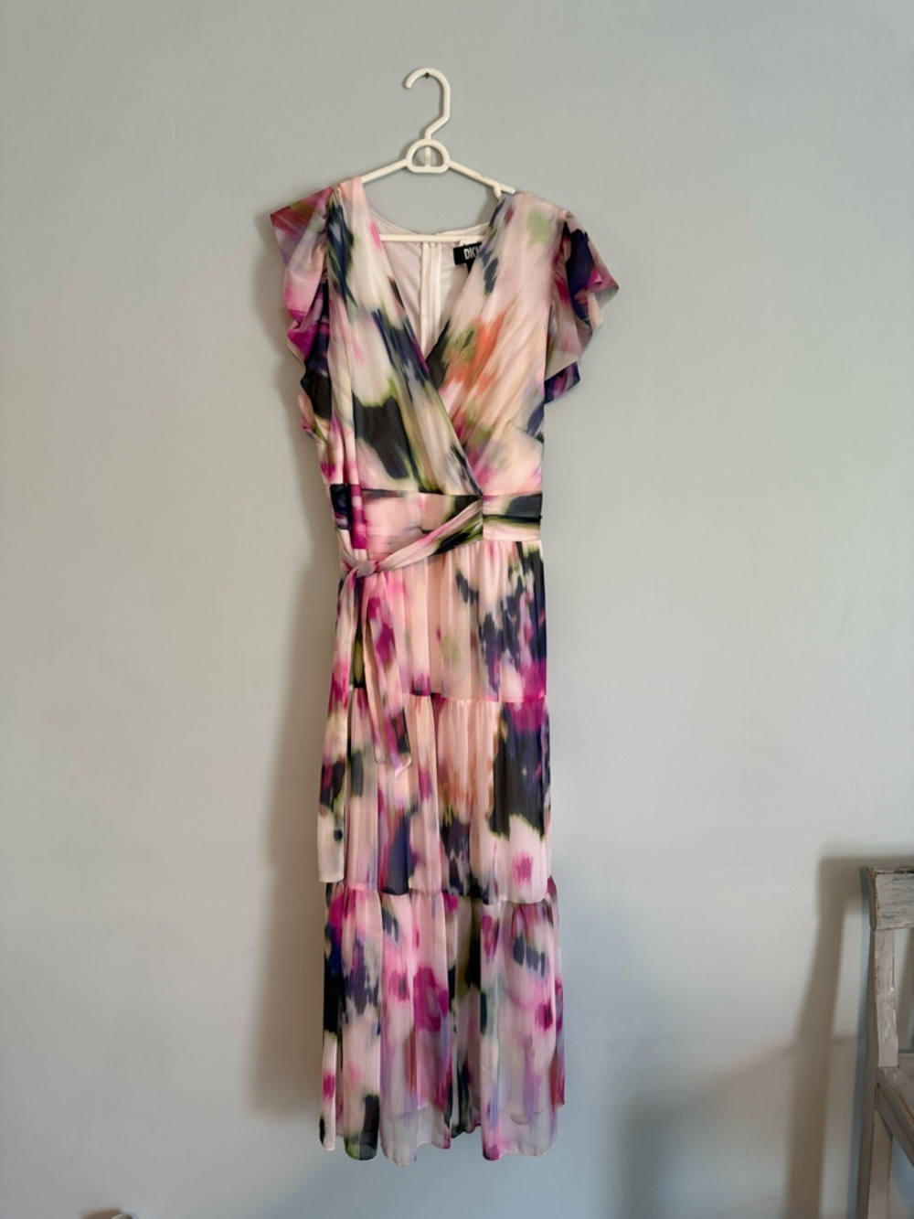 DKNY Women's Chiffon Flutter-Sleeve Tie-Waist Dress Sz 16W